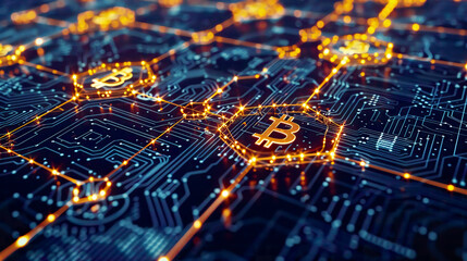 Mining blockchain concept illustration digital cryptocurrency abstract background futuristic fintech technologydark background with glowing network elements 