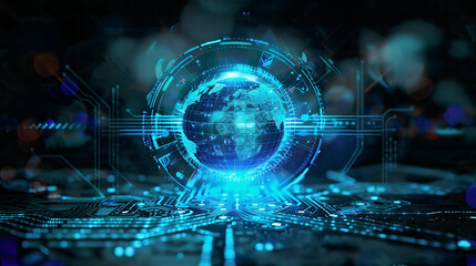 Non-fungible token hologram on virtual digital screen NFT with network circuit and globe dark backgroundfuturistic cryptoart and technology concept 