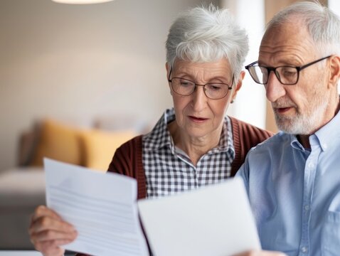 A retired couple comparing various health insurance policies and choosing one emphasizing the importance of selecting suitable health insurance coverage for retirement