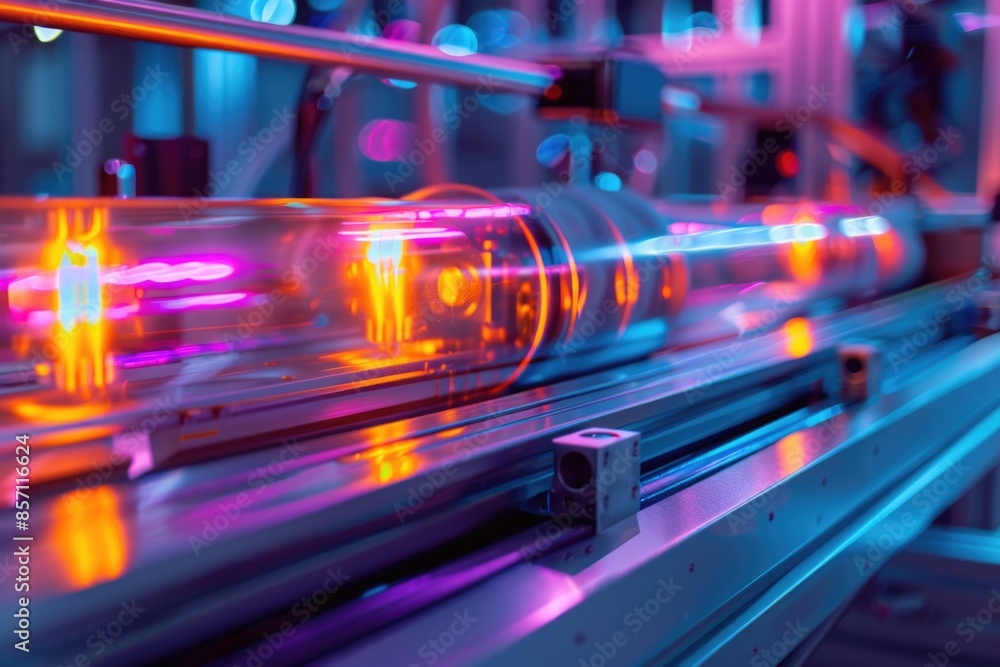 Poster a close-up view of a machine in an industrial setting, suitable for use in manufacturing or technica