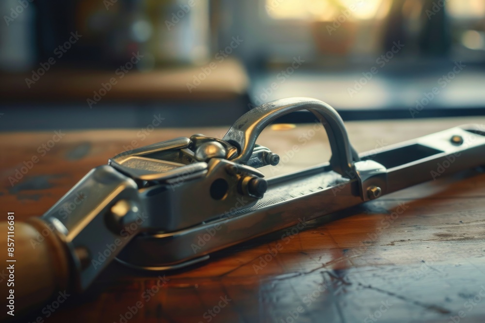 Aufkleber close-up view of a clamp attached to a wooden table, suitable for use in diy projects or industrial 