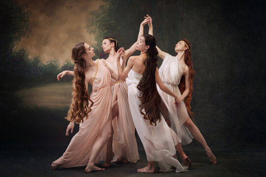 Dance of Muses. Quartet of ballerinas in soft dresses express elegance of classical dance against vintage studio background. Concept of ballet, history, fusion of modernity and ancient times in art.