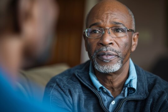 Senior African American Man in Conversation Indoors, Bright Daylight, Emotional Discussion