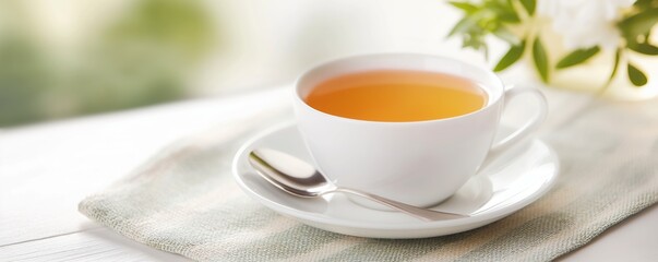 Fototapeta premium Delicate porcelain teacup with a saucer and spoon