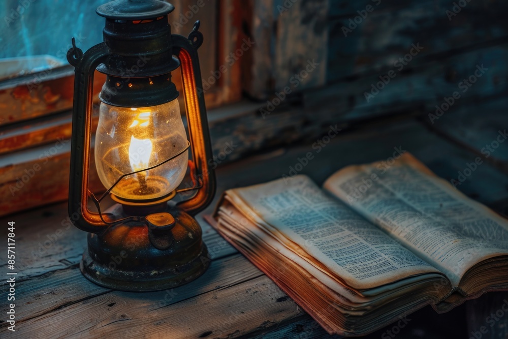 Poster a cozy atmosphere with a lantern and an open book on a wooden table
