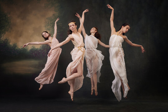 Beautiful girls, ballerinas jumping gracefully in motion, as mythological muses against vintage studio background. Concept of ballet, history and classic, fusion of modernity and ancient times in art.