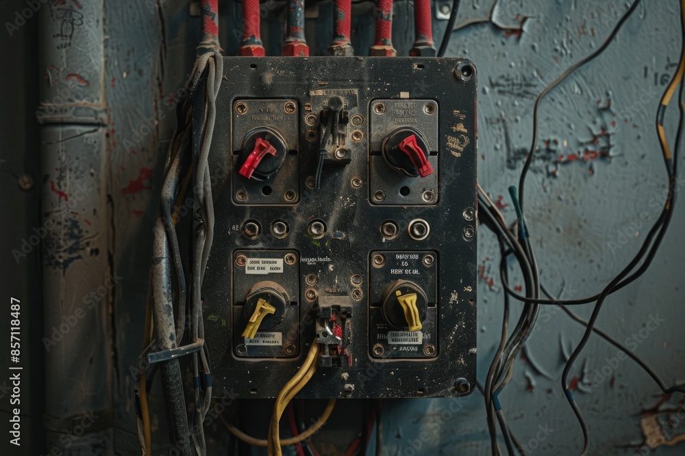 Poster A detailed view of a switchboard with various wires and components, ideal for use in technical or industrial settings
