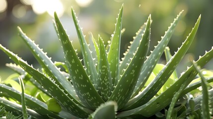 Fototapeta premium Aloe Vera Succulent Plant with Healthy Green Leaves in Nature Garden Closeup