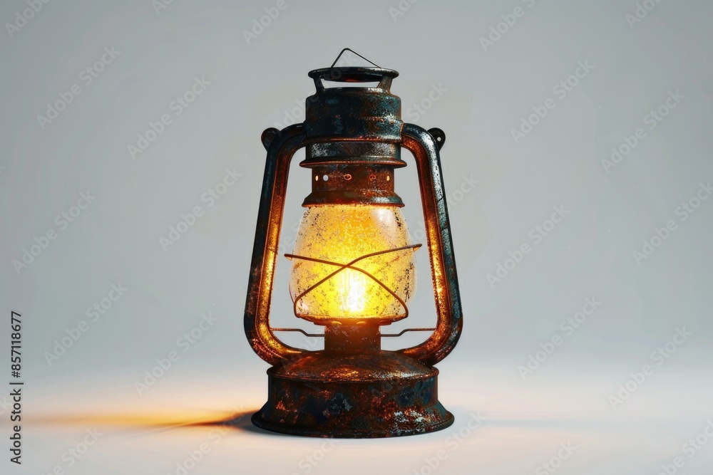 Poster a vintage-style lantern with a soft glow on a plain white background, suitable for use in historical