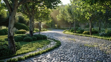 Shaded cobblestone path with trees