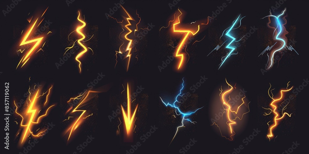 Poster A close-up shot of various lightning effects on a black background, ideal for use in science or technology-related contexts