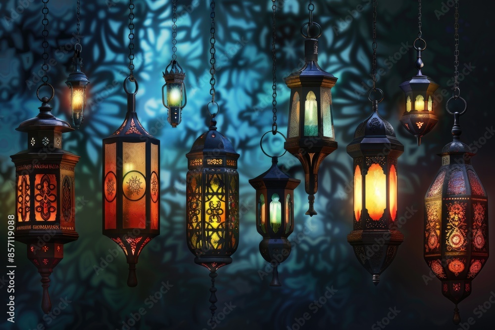 Poster a group of lanterns suspended from a ceiling, providing soft lighting
