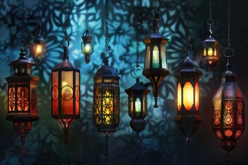 A group of lanterns suspended from a ceiling, providing soft lighting