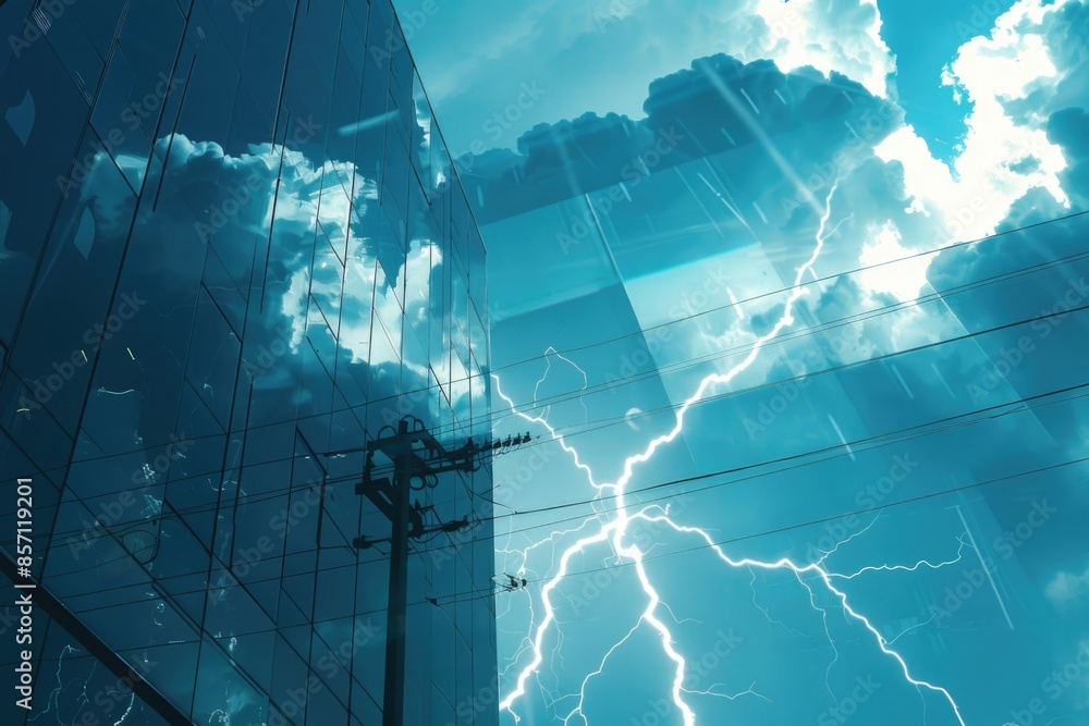 Poster A modern building with a clear blue sky and white clouds in the background, suitable for use in architecture or urban planning contexts
