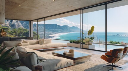 A comfortable living room with furniture and a large window offering a beautiful view of the ocean
