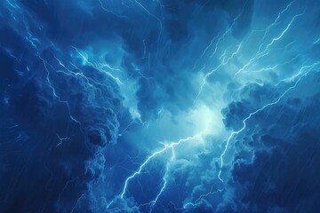 A bright blue sky with numerous lightning bolts, suitable for use in weather or storm-related contexts