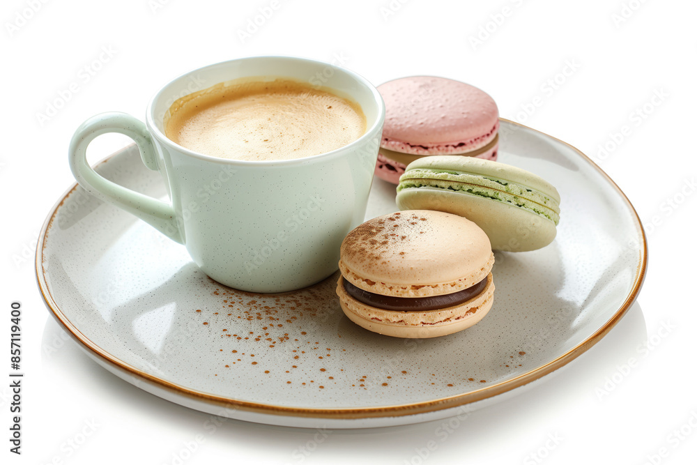 Poster macarons and coffee on a plate isolated on a white background. created with generative ai technology