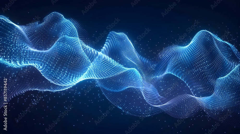 Aufkleber glowing digital waves of moving particles and fractals in futuristic technological background