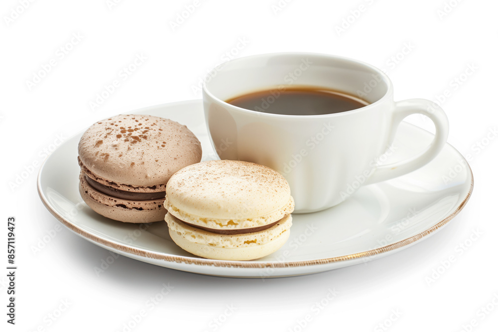 Poster macarons and coffee on a plate isolated on a white background. created with generative ai technology