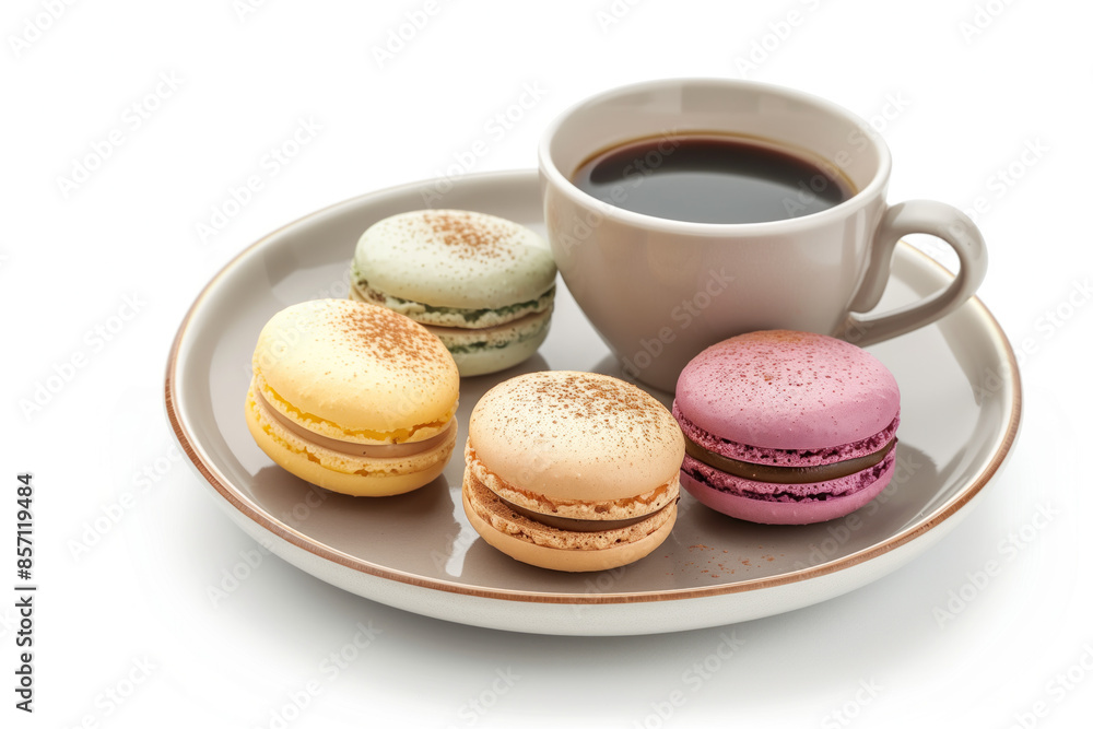 Aufkleber macarons and coffee on a plate isolated on a white background. created with generative ai technology