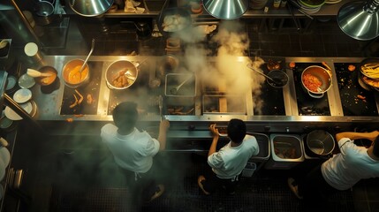 Professional chefs at busy restaurant cooking stations, culinary expertise in commercial kitchen, top view