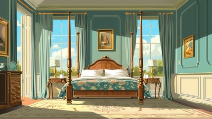 A traditional bedroom with a four-poster bed, elegant bedding, and a nightstand, illustration background