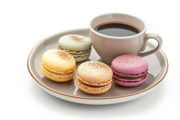 Fototapeta premium Macarons and coffee on a plate isolated on a white background. Created with Generative AI technology.
