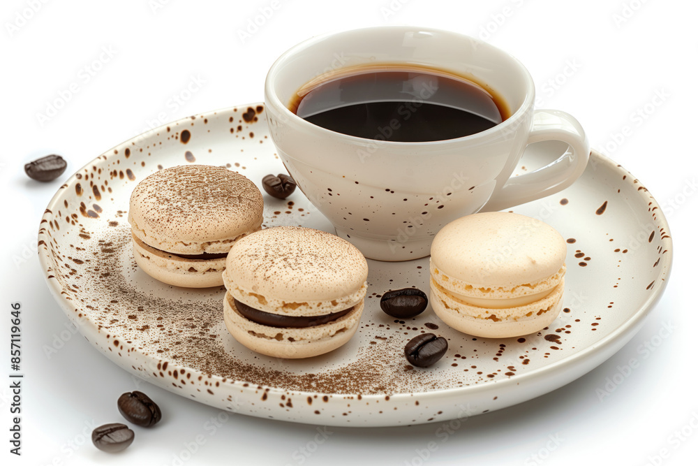 Poster macarons and coffee on a plate isolated on a white background. created with generative ai technology