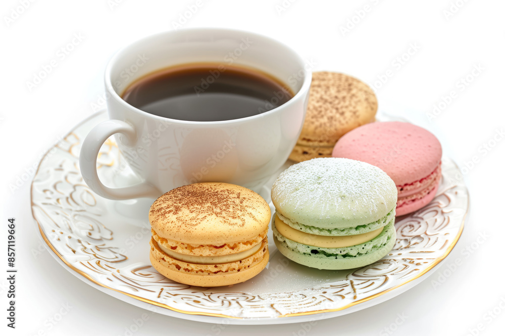 Poster macarons and coffee on a plate isolated on a white background. created with generative ai technology