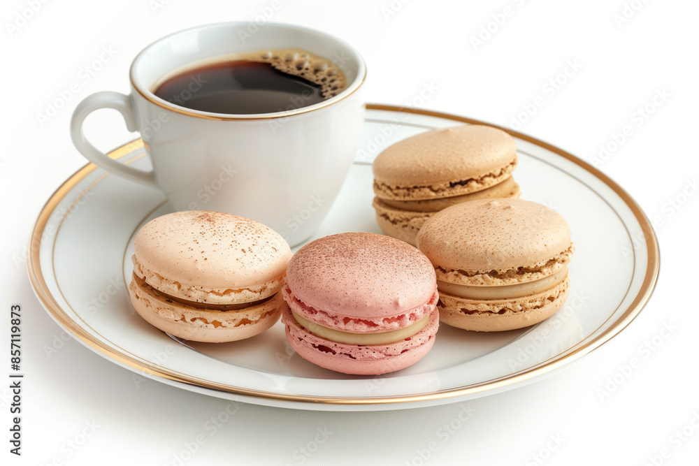 Poster macarons and coffee on a plate isolated on a white background. created with generative ai technology