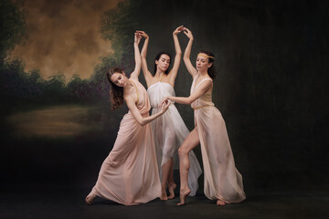 Women, muses in pastel chiffon dresses perform poetic and expressive dance against vintage studio...