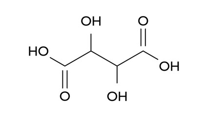 tartaric acid molecule, structural chemical formula, ball-and-stick model, isolated image antioxidant e334