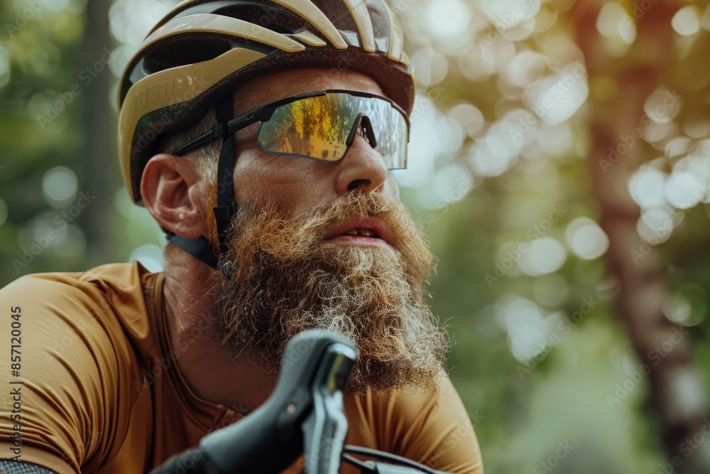 Poster portrait of a bearded man wearing a helmet and glasses, suitable for use in illustrations or editori