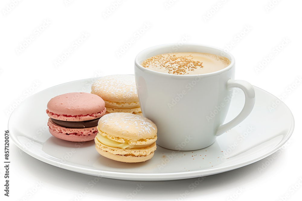 Poster macarons and coffee on a plate isolated on a white background. created with generative ai technology