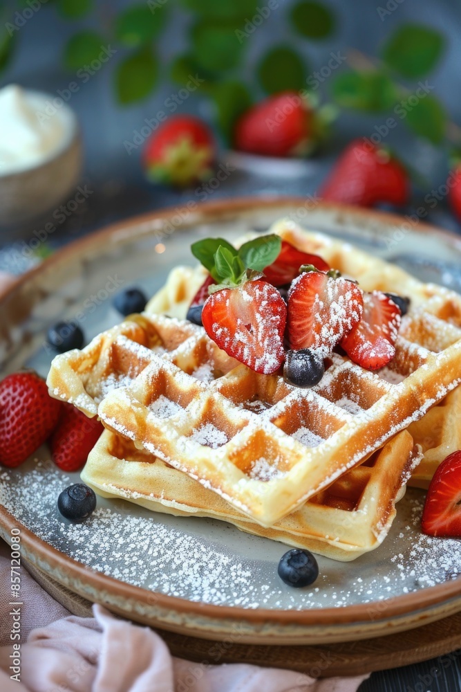 Wall mural Freshly baked waffles served with sweet strawberries and juicy blueberries, perfect for breakfast or dessert - Wall murals