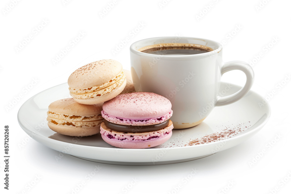 Poster macarons and coffee on a plate isolated on a white background. created with generative ai technology