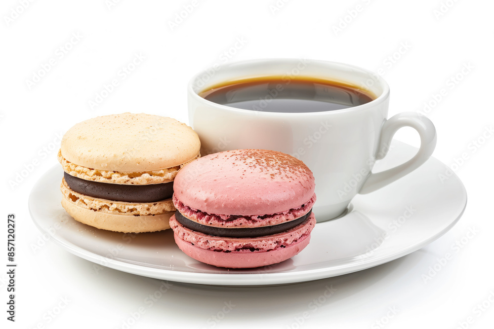 Poster macarons and coffee on a plate isolated on a white background. created with generative ai technology