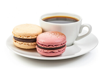 Macarons and coffee on a plate isolated on a white background. Created with Generative AI technology.