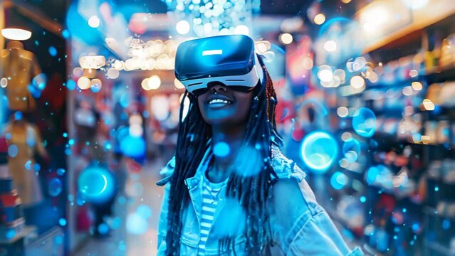 animation young woman experiencing virtual reality with vr headset glasses with floating blue digital network elements, technology and innovation educations and games.