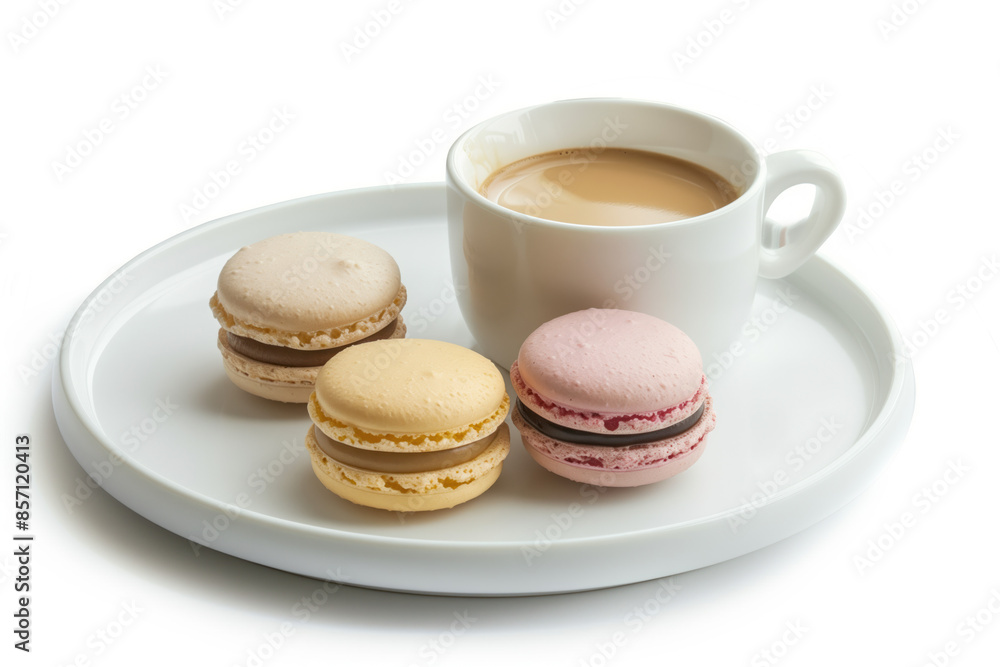 Poster macarons and coffee on a plate isolated on a white background. created with generative ai technology