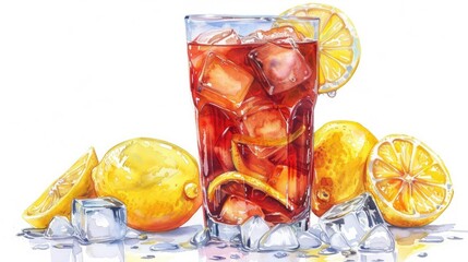 Watercolor iced tea, amber hue, glass with lemon and ice, isolated on white background