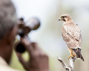 Focused Birdwatcher with Tan Skin Observing a Perched Falcon through Binoculars in Nature