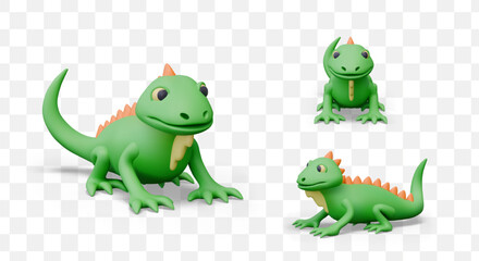 Green iguana with red dorsal crest. Funny reptile in realistic style. Large lizard