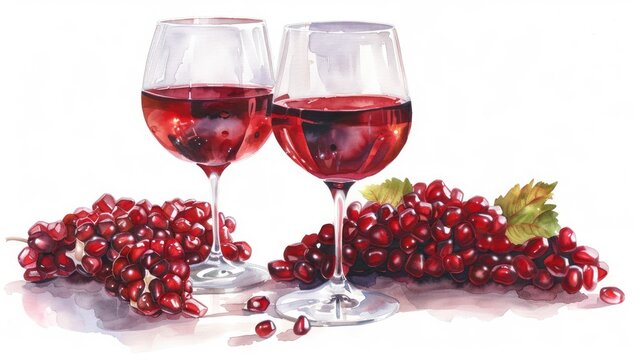 Watercolor pomegranate juice, deep red, glass with pomegranate seeds, isolated on white background