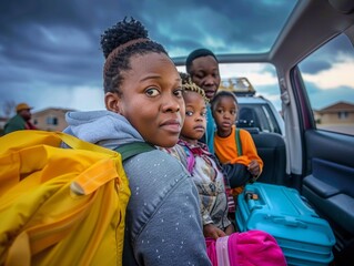 Multiracial Family Evacuating Home Due to Tornado, Loading Car with Essentials in Suburban Area at Dusk