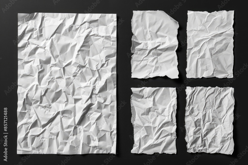 Poster four pieces of crumbled paper, possibly from a notebook or document