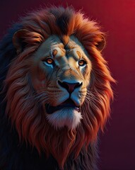 A close-up portrait of a majestic lion's head with a flowing mane