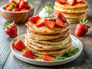 Delicious Pancakes with Strawberries and Whipped Cream.