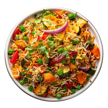 Colorful vegetable biryani in white bowl. Indian mixed rice with peas, carrot, pepper, and onion. Aromatic and delicious vegetarian dish.
