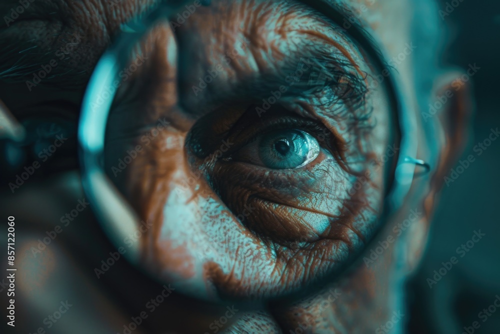 Poster Close-up shot of someone inspecting an object or detail using a magnifying glass